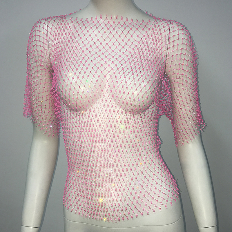 De Europa y América transfronteriza de las mujeres calientes de malla de diamantes de imitación red de pesca de manga larga Sexy Slim rhinestone Top party chica caliente de manga larga