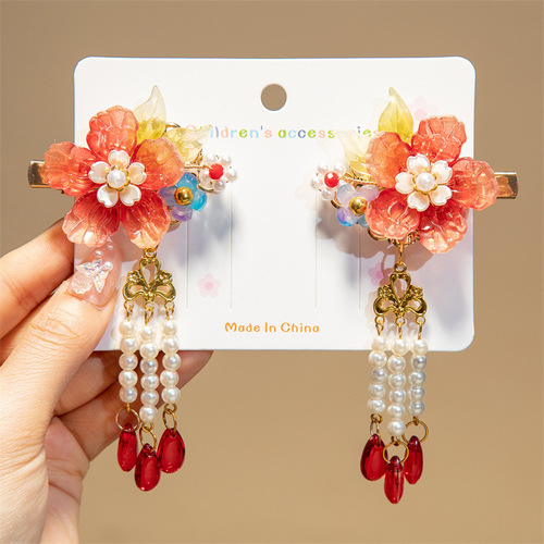 Children's Hanfu Headwear Fairy-like Silk Flower Hair Clip Glazed Leaf Ancient Style Hair Accessories Chinese Style Girls' Performance Ancient Costume Accessories