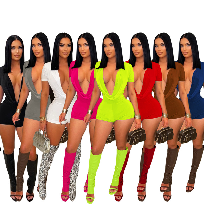 Tw829 Cross-Border European and American Spring/Summer Women's Clothing Amazon Party Sexy Jumpsuit Deep V-Neck Solid Color Waist-Cinching Bodycon Shorts Tw829 Cross-Border European and American Spring/Summer Women's Clothing Amazon Party Sexy Jumpsuit Deep V-Neck Solid Color Waist-Cinching Bodycon Shorts