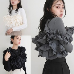 现货跨境东南亚女秋新款长袖重工手工定位缝花多种穿法棉上衣T恤