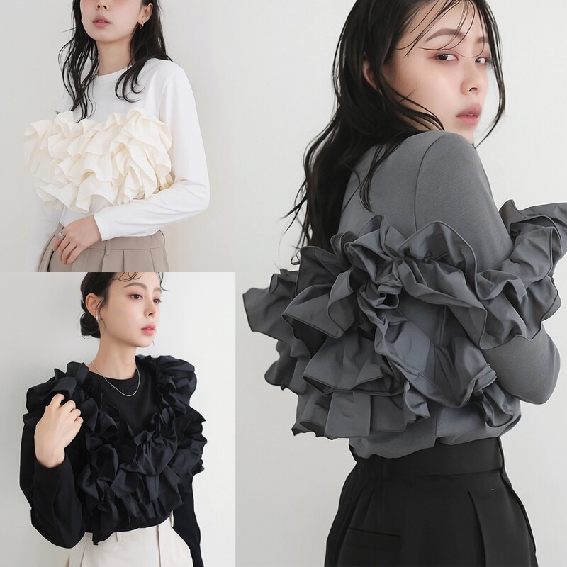 现货跨境东南亚女秋新款长袖重工手工定位缝花多种穿法棉上衣T恤|undefined