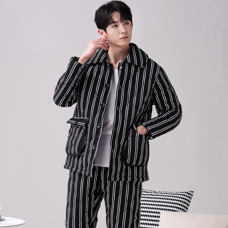 100% algodón pijamas calientes hombres Otoño e Invierno de tres capas acolchadas juventud rayas estilo coreano prendas de vestir exteriores engrosada homewear
