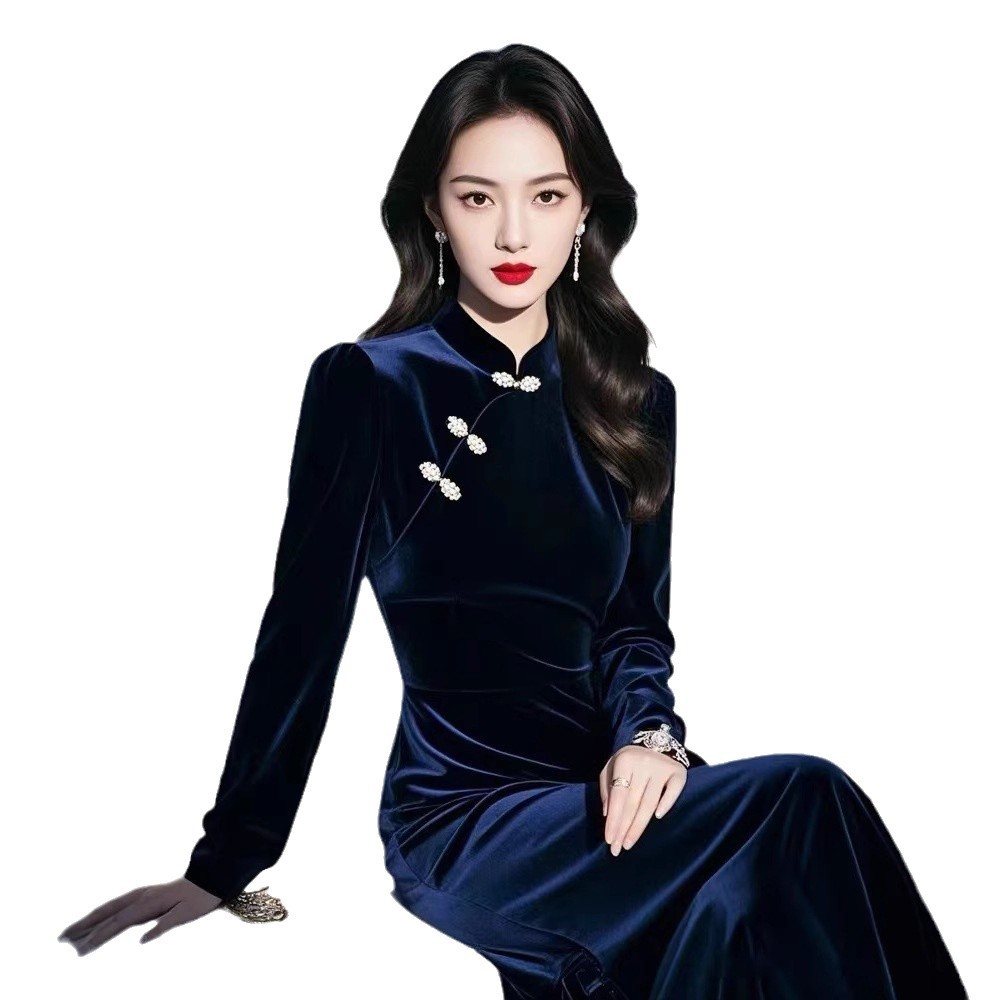 가을 2024 새로운 벨벳 원피스 새로운 중국 스타일 국가 스타일 라이트 럭셔리 하이 엔드 느낌 버튼 어린이를위한 청삼 원피스 개선