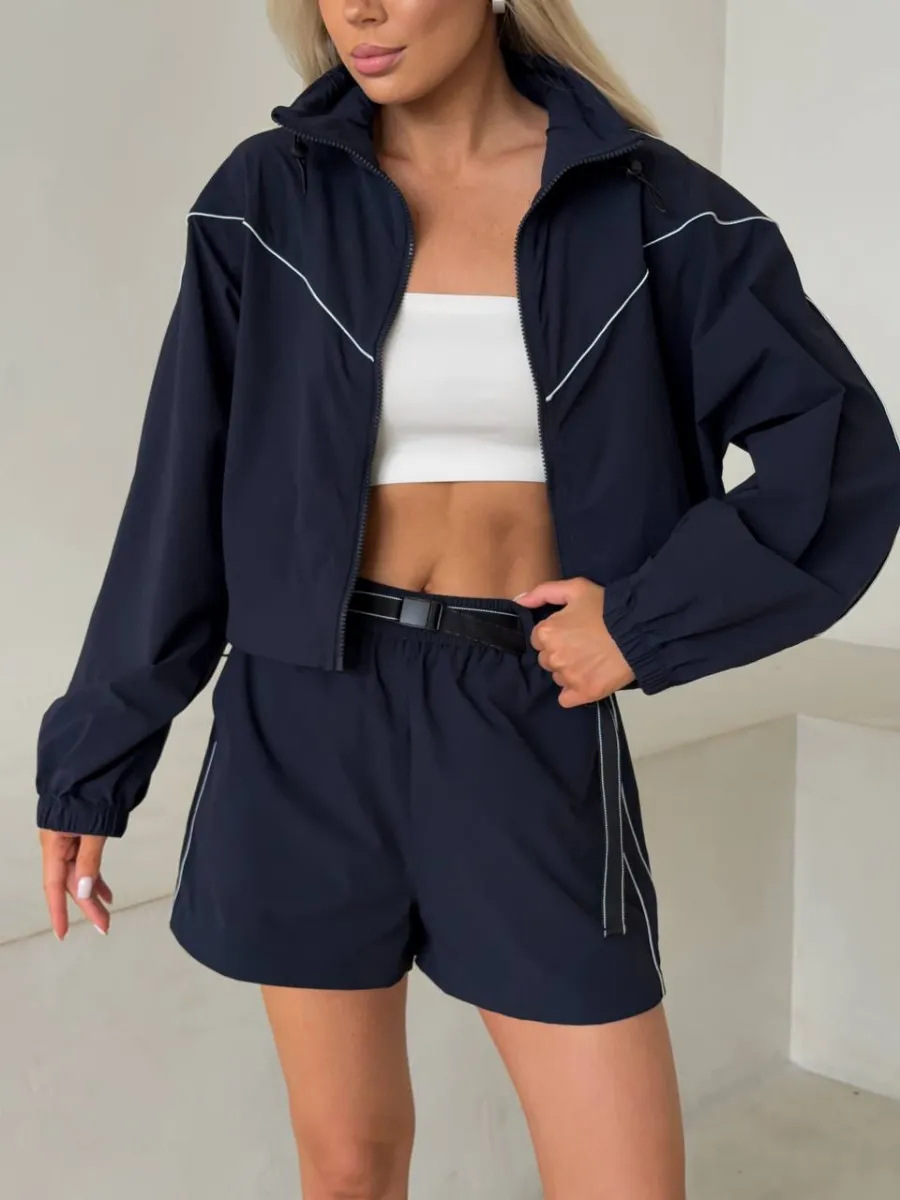 Women's Two Piece Set Solid Long Sleeve Zip Up Cardigan And Shorts_voghion.com