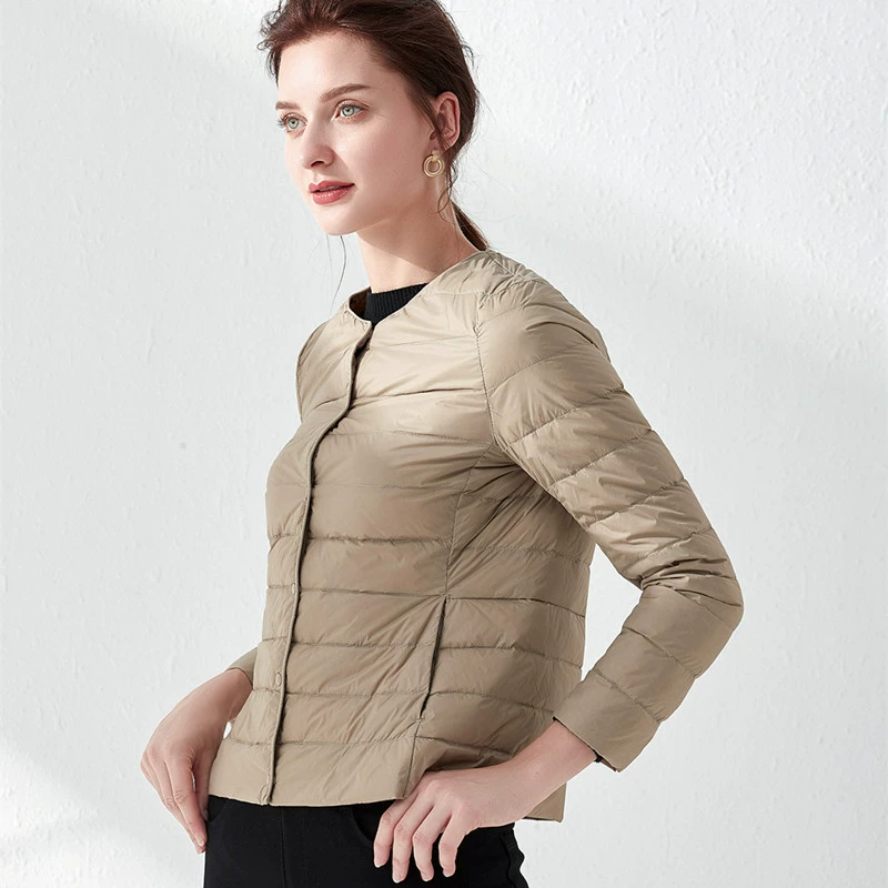 Демисезонная куртка из пуха с длинным рукавом, круглый воротник, slim fit, плюс размеры