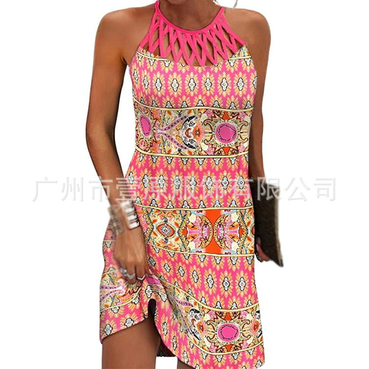2025 European and American Clothing Summer New Style Cut Out Halter Printed Dress Beach Vacation Style A-Line Vest Dress for Women