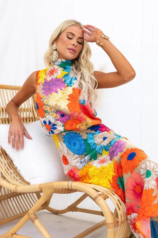 Spandex, Polyester Fabric Type High Waist Waist Line Wholesale Women's Vacation Flower Holiday Round Neck Sleeveless Sheath Dress