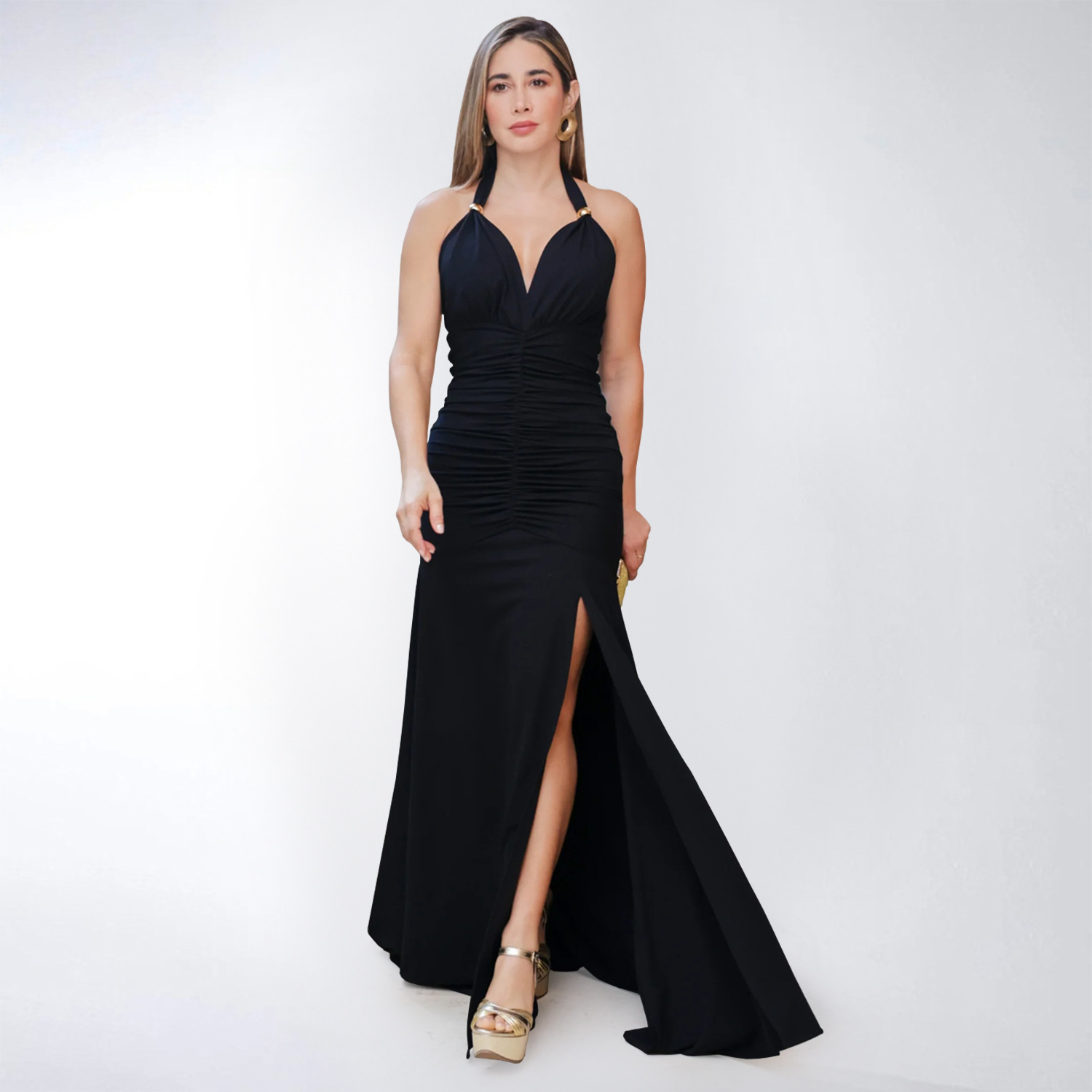 C7552 Aliexpress transfronterizo amazon Europa y América moda mujer elegante color sólido sexy V-collar vestido bifurcado