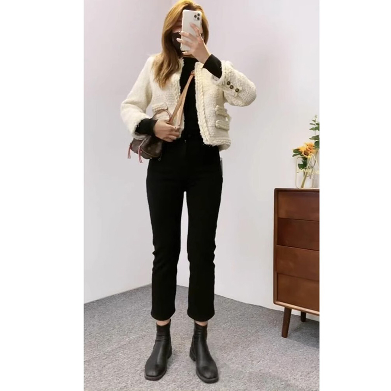 (2개) 검은 색 높은 허리 9 점 연기 튜브 스트레이트 청바지 여성 기모 폭발 2024 년 봄, 가을, 겨울을위한 슬리밍 바지