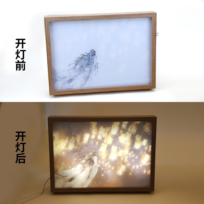 卧室床头灯光画夜灯摆件USB接口创意桌面摆台 LED发光相框素描画|undefined