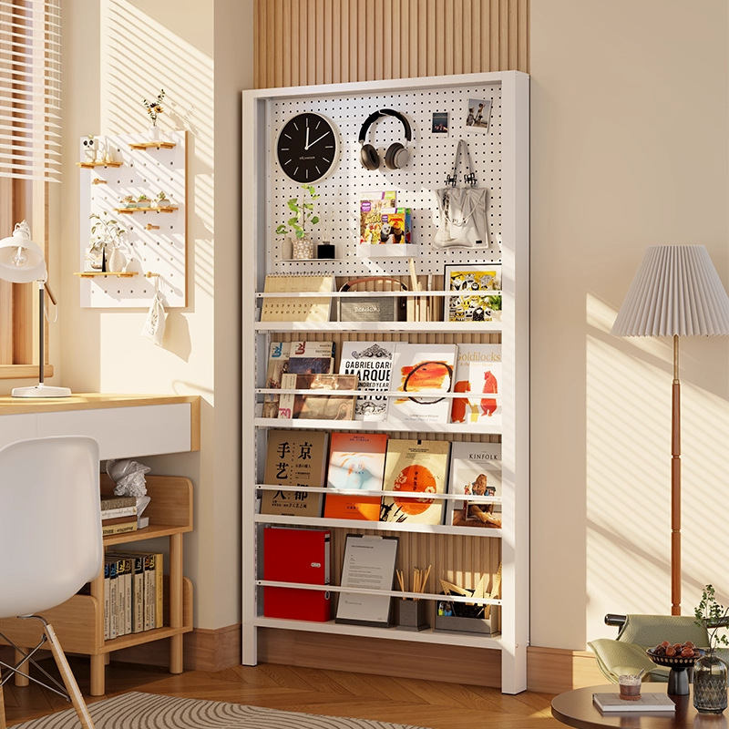 Ultra-Thin Steel Bookshelf Storage Rack Behind the Door, Floor-Standing Integrated Wall-Mounted Narrow Hole Board Kidsren's Picture Book Rack Storage Rack