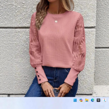 欧美跨境亚马逊新品镂空圆领长袖蕾丝拼接圆领T恤长袖上衣