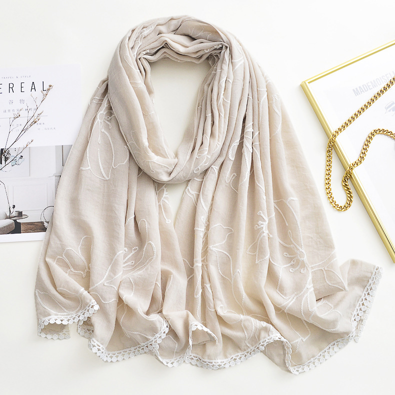 Comercio exterior nuevo color puro beige bordado algodón y lino bufanda nube tibetana viaje protección solar chal bufanda de encaje Malayo