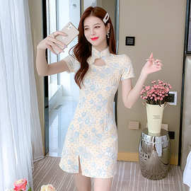 2022日常可穿法式旗袍蕾丝镂空年轻款少女复古中国风改良连衣裙夏