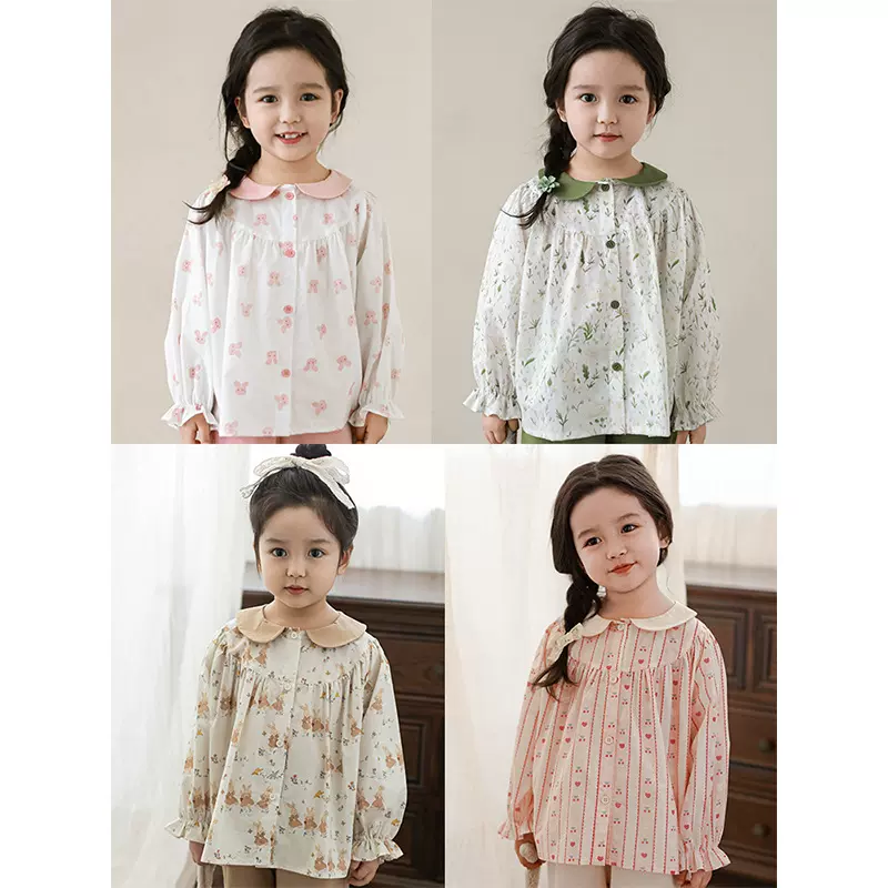 丘哆萌女童满印撞色翻领衬衫2026春秋新款儿童可爱衬衣小女孩上衣