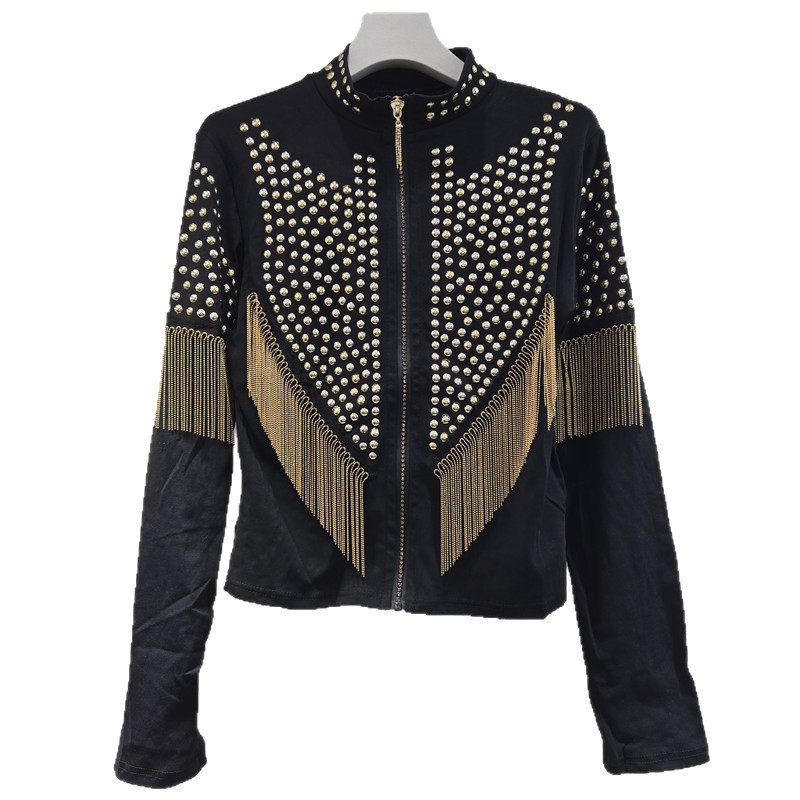 Europa y América de la industria pesada remaches con bordas Cardigan chaqueta de mujer de estilo extranjero cuello elástico delgado corto americano chaqueta caliente