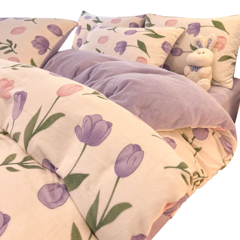 Juego de cuatro piezas de lana de leche de invierno, cama gruesa, sábana de otoño e invierno más funda de edredón de terciopelo, sábana de dormitorio de terciopelo de coral, juego de tres piezas