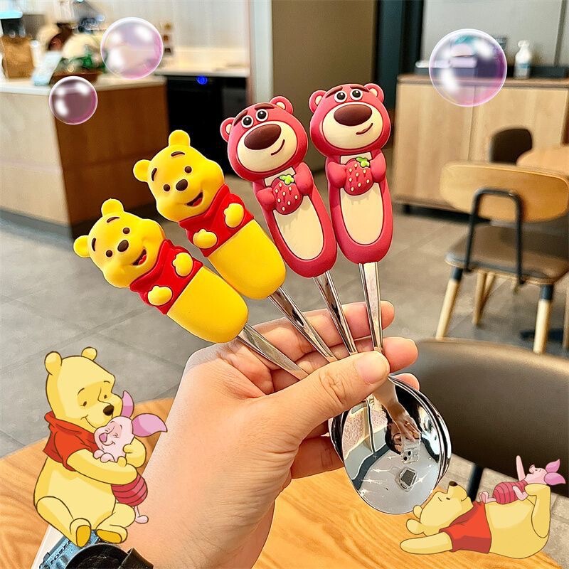Strawberry Winnie the Pooh Stainless Steel Fork and Spoon Student High-Looking Tableware Cute Anti-Fall Children's Spoon and Fork Set Strawberry Winnie the Pooh Stainless Steel Fork and Spoon Student High-Looking Tableware Cute Anti-Fall Children's Spoon and Fork Set