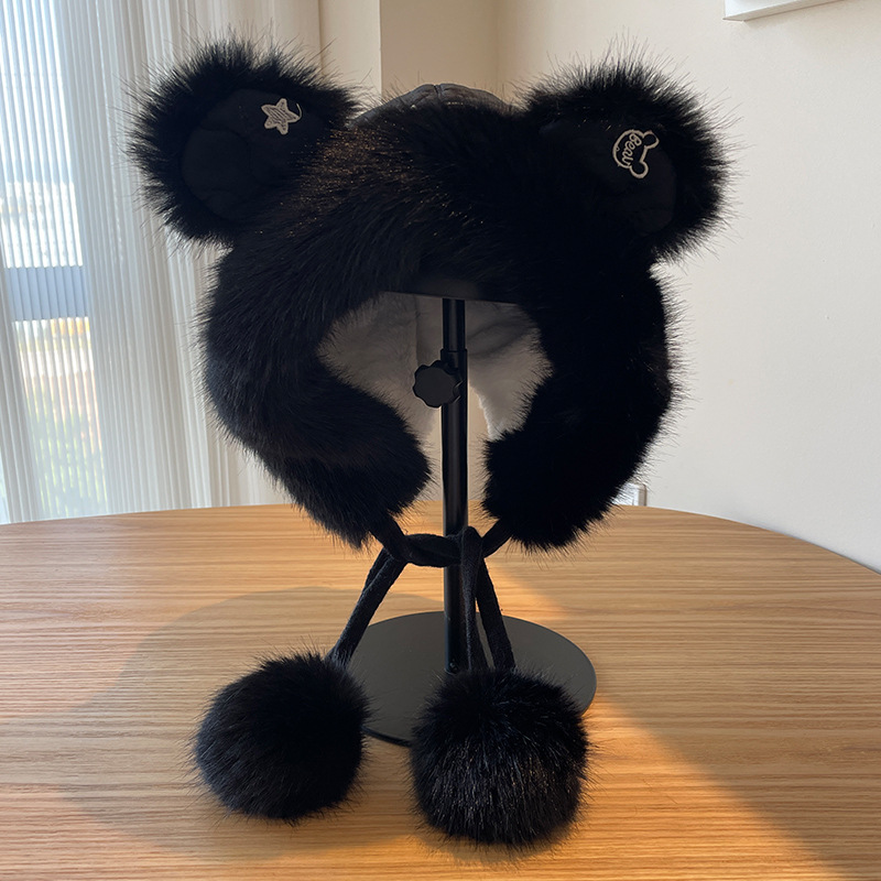 Bonito oso orejas gorra de peluche para mujeres otoño y invierno cara pequeña gorra de vello gruesa para montar en bicicleta a prueba de viento