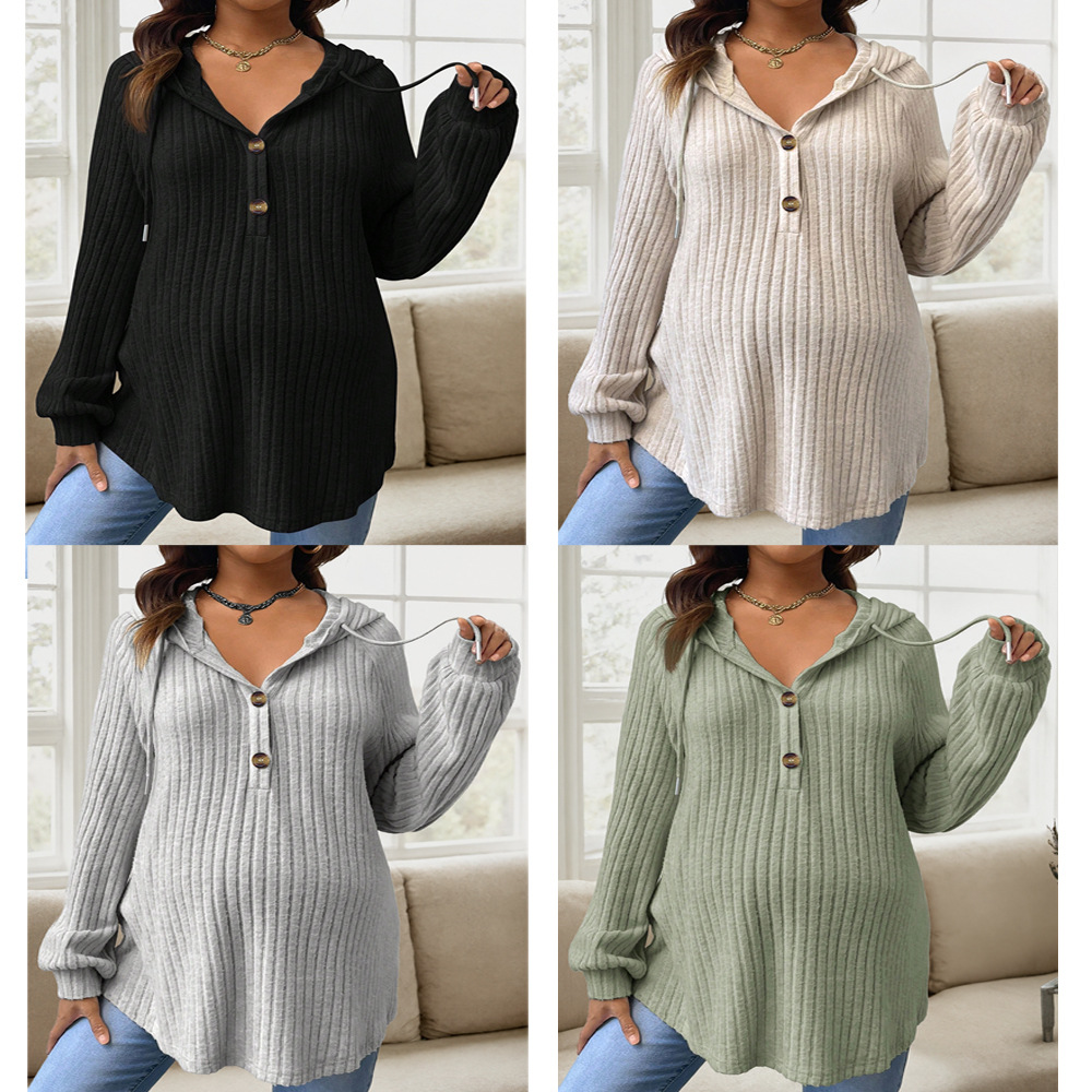 Ribbed Knit Maternity Hoodie with Half-Button Henley Collar, Drawstring Hood, Loose Long-Sleeve T-Shirt for Pregnant Mothers