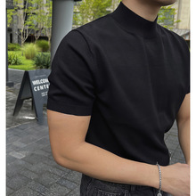 黑色半高领套头针织T恤男士美式型男短袖毛衣潮流修身打底半袖衫