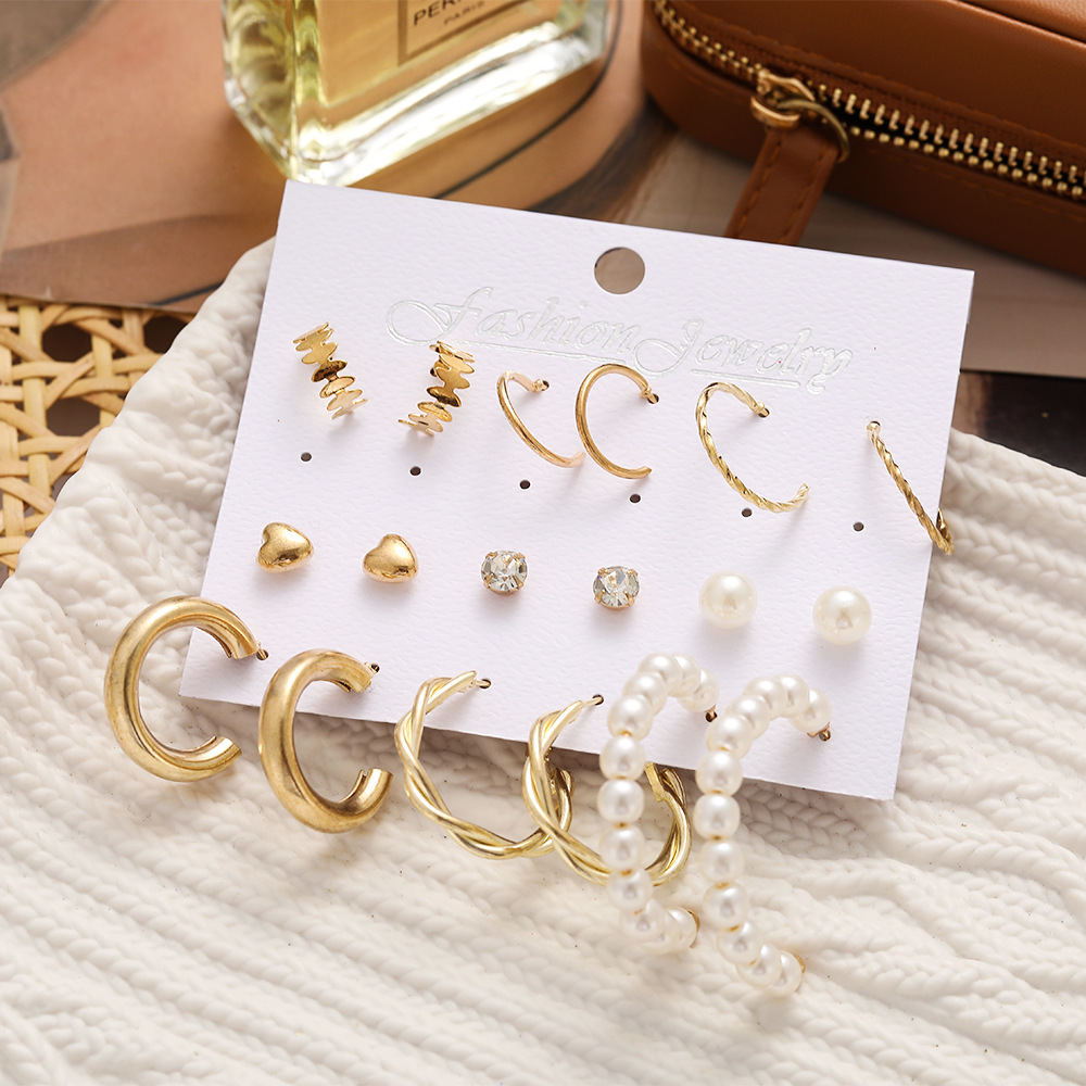 creative simple fashion twist pearl earrings ear stud alloy 9-piece set