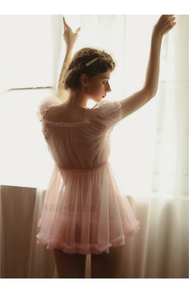 Sheer Mesh Babydoll Nightdress with Matching Panty, Pink One Size — detail image 30