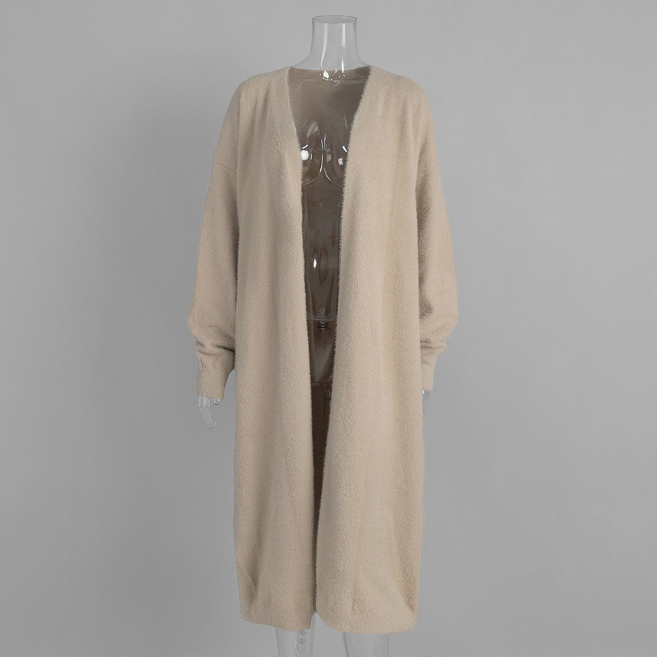 Áo cardigan len lông mềm dáng dài rộng cổ chữ V tay dài — hồng, màu xám, quần kaki chi tiết 17