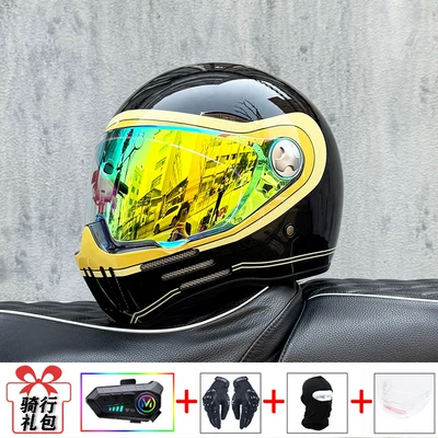 Rider Cruising Helmet: Motosiklet kaskı (dəbilqə) - bright-black-track-with-colorful-gold-and-purple-night-vision-available-transparent-mirror-included-y10-soft-wheat-m