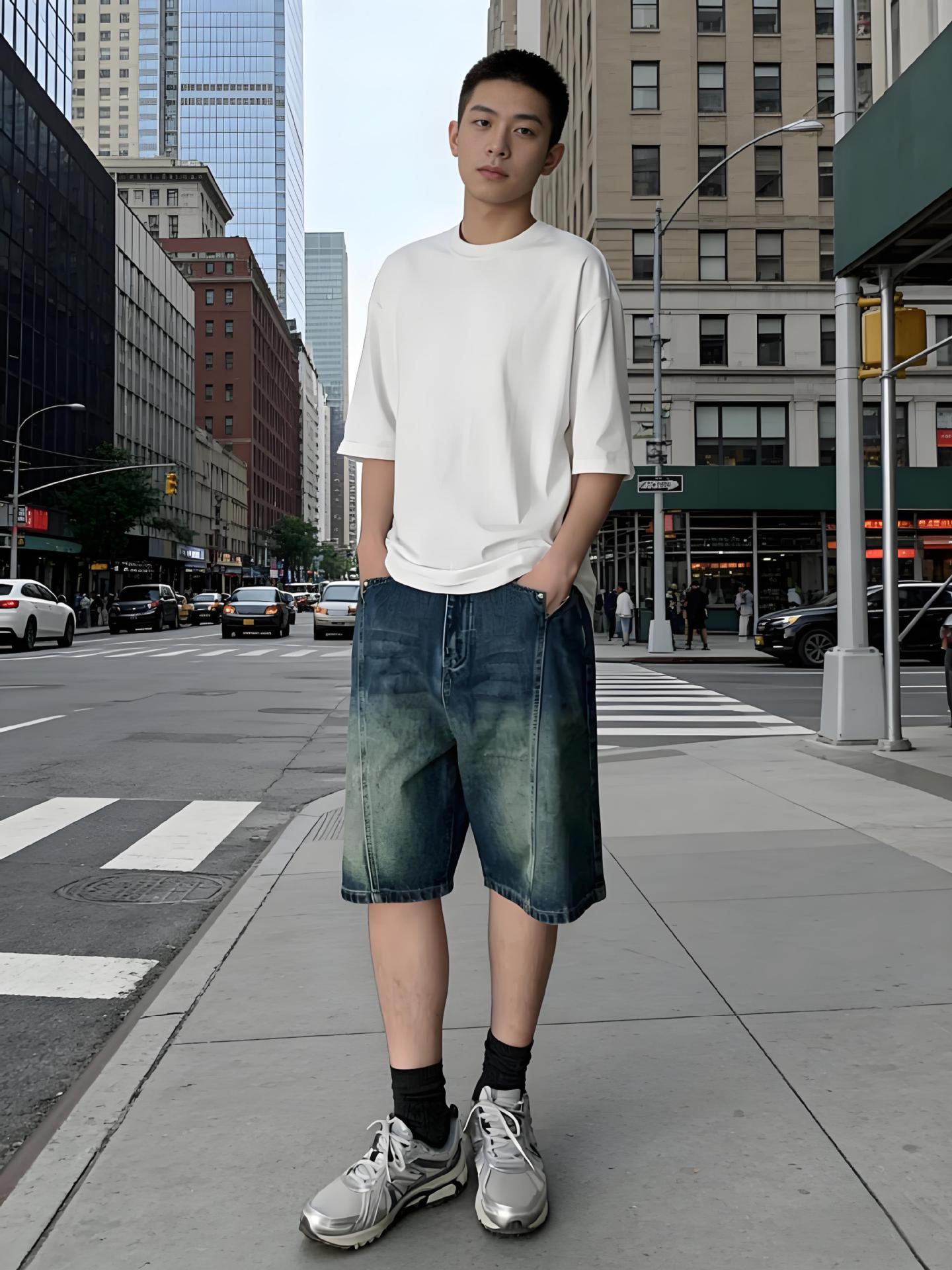 Retro Washed Denimshorts Herren Japanische Splicing Sommershorts_voghion.com
