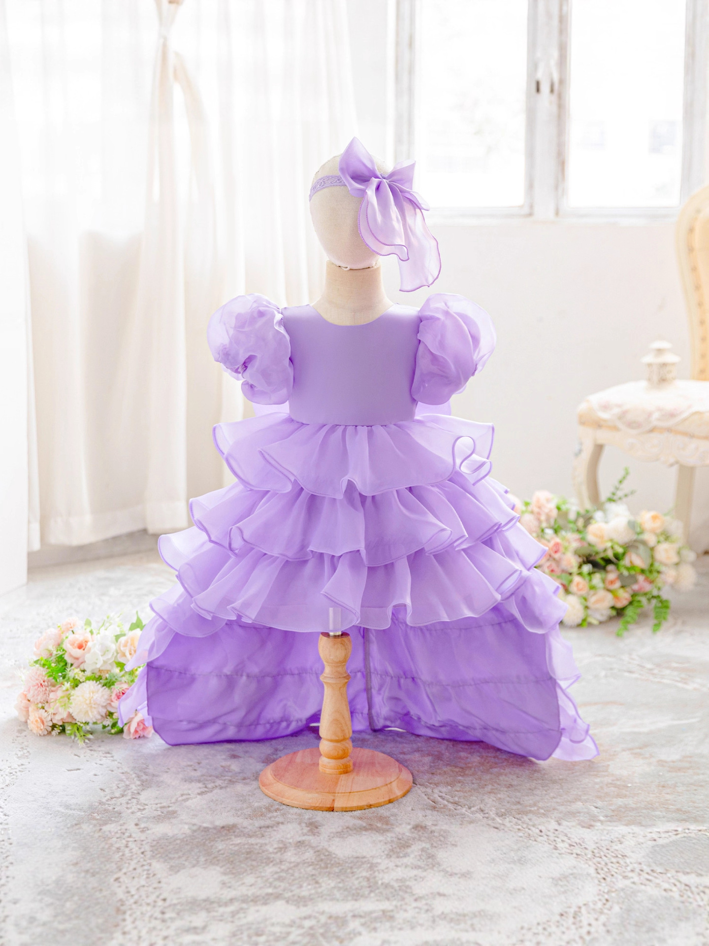 Niños europeos y estadounidenses burbujas mangas oganes falda de cola princesa pompa falda de pastel vestido de boda floral falda correa de pelo gratis