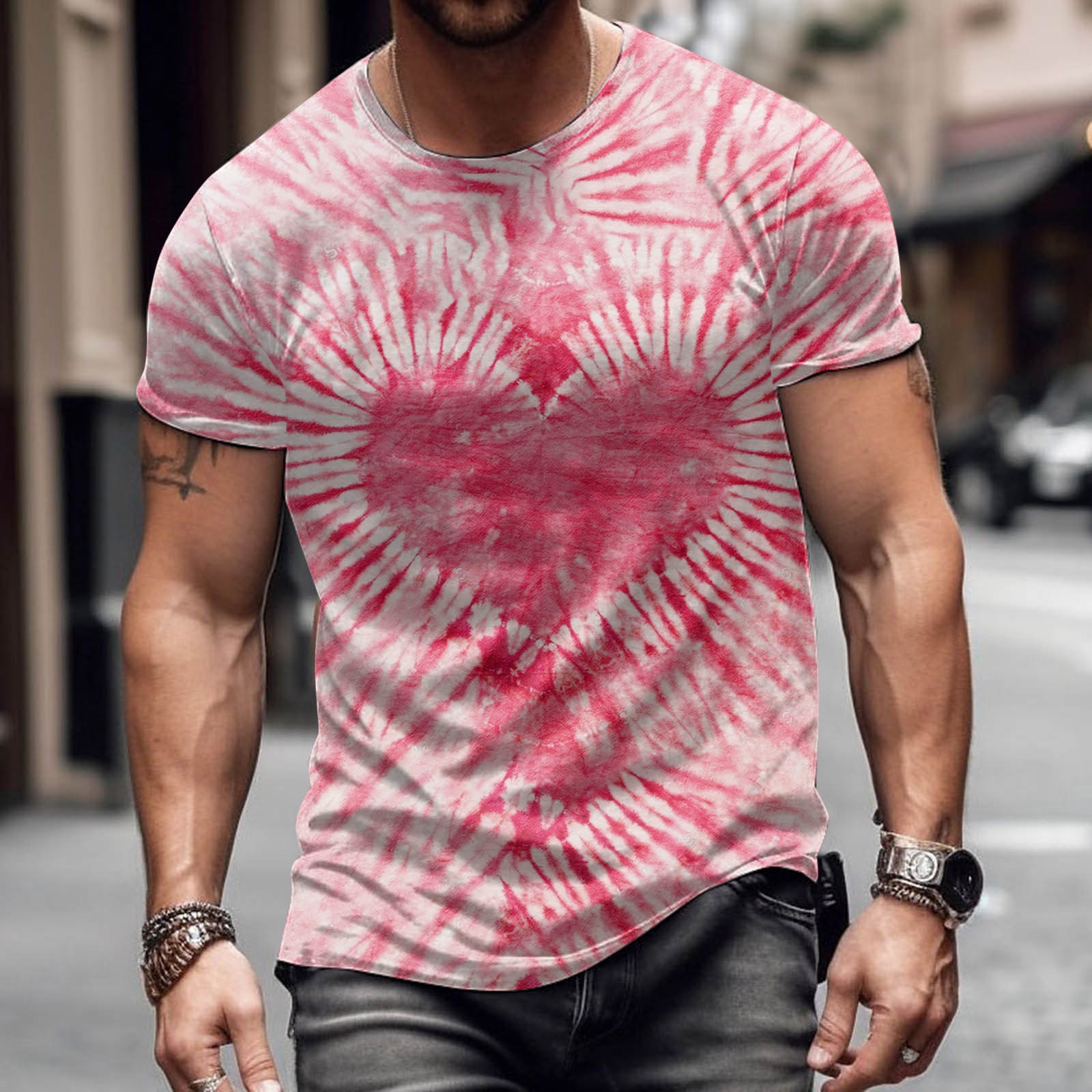 Moda romántica Día de San Valentín colorido amor 3D cepillado lleno de impresión de los hombres calle alta suelta transpirable camiseta de manga corta en stock