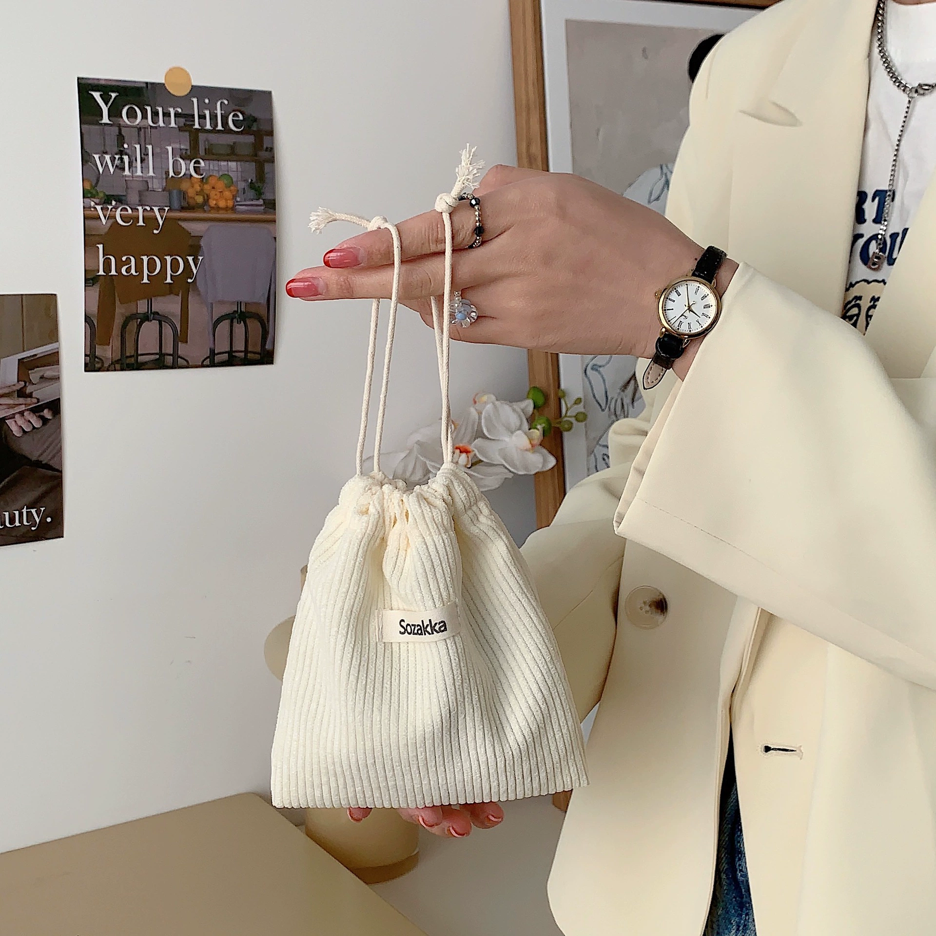 Storage bag, cosmetic bag, handheld capacious shoulder bag, drawstring