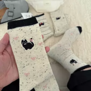 袜子女中筒彩色点子纱小狗猫咪卡通刺绣堆堆袜韩国可爱女士AB袜棉