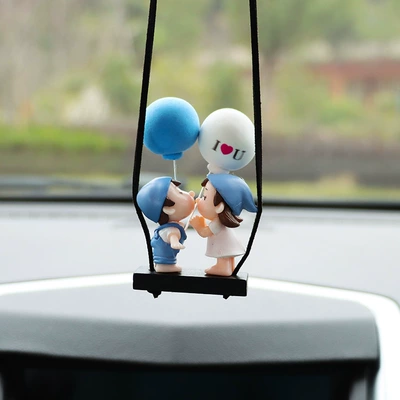 Confession balloon kiss mouth boy girl Car Rearview mirror pendant car interior pendant decoration car ornaments (Car hanging) - boy-and-girl-in-blue-clothes-and-blue-hats-kissing-balloon