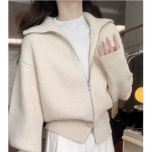 慵懒风双拉链翻领针织开衫女秋冬学院风外搭软糯宽松短款毛衣外套