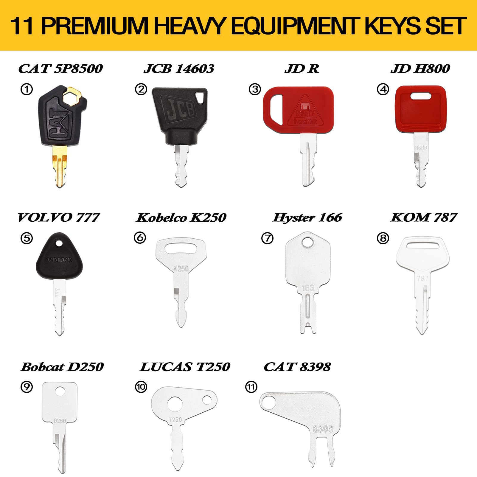 11Pcs Heavy Equipment Key Set for Cat, Jd, Case, Komatsu, Hyster