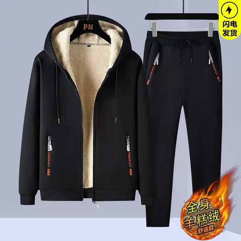 Winter fleece-lined autumn and winter fleece-lined thickened suit, men's sherpa fleece jacket, men's hooded sweatshirt and pants, winter set