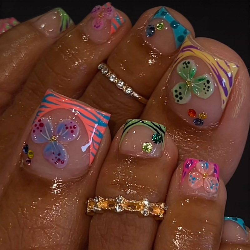 Cross-Border Hot-Selling Colorful Flower Printed Toenails Classic French Short Style Removable Toenails Wearable Nails Wholesale