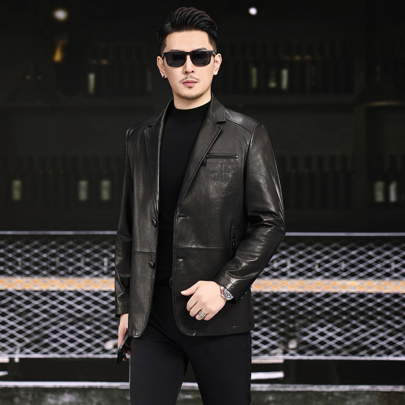 Haining Genuine Leather Men's Suit Collar Casual Leather Suit Slim Single-Breasted Spring and Autumn New Jacket