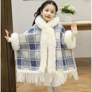 Children's Shawl Fleece-Lined Thickeneded Large Fur Collar Girls' Cloak Women's Chinese Style Classy Warm Jacket Autumn and Winter
