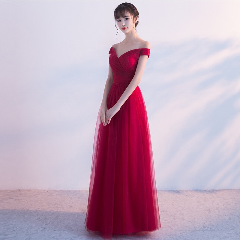 Bride's Toast 2026 New Spring Sexy Off-Shoulder Long Red Wedding Reception Evening Gown Dress_voghion.com