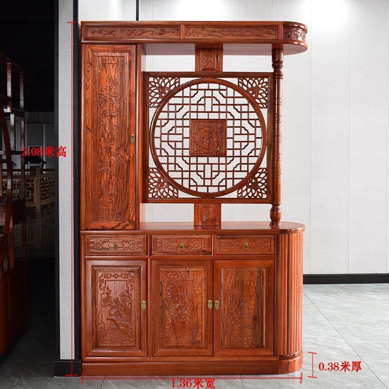 新中式仿古实木家用入户门龙柱玄关柜双面屏风隔断客厅遮挡福字柜|undefined
