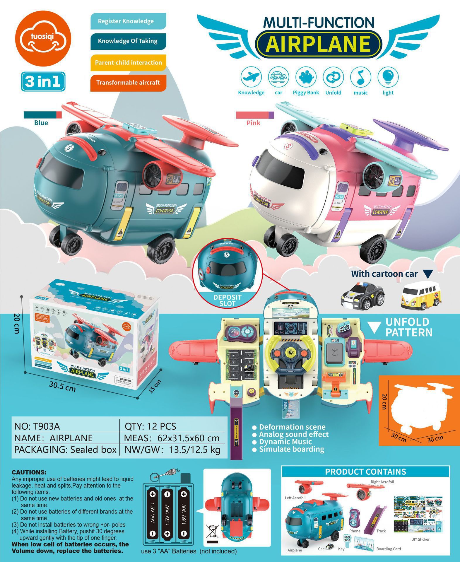 Avión de deformación de dibujos animados 3 en 1 Juguete de pista eléctrica Simulación de conducción Función de alcancía Volante avión de deformación