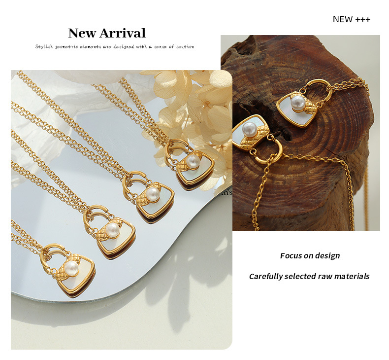 Collana con ciondolo a forma di borsa intarsiata di perle di conchiglia bianca, piccola e portatile, versatile, alla moda, con catena per clavicola_voghion.com