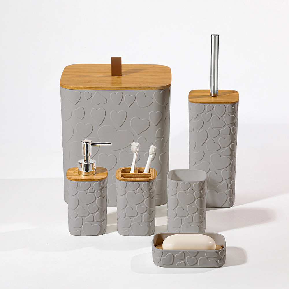 Baño de baño moderno amor en relieve 6 piezas de baño lujoso accesorios de baño botella de loción cepillo de dientes conjunto de tazas