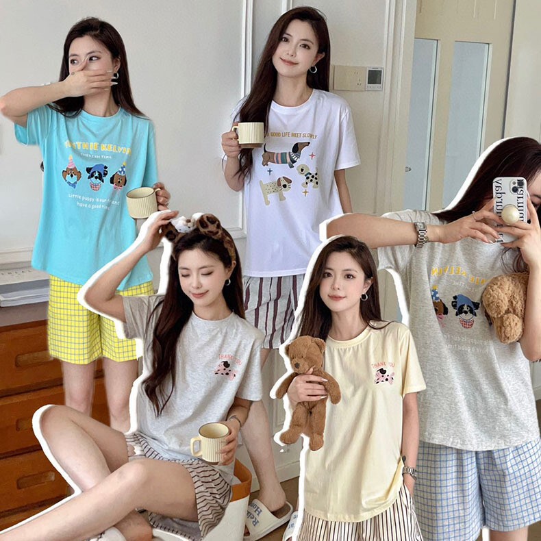 Summer adorable dog family cartoon home clothes can go out 2-piece striped cotton casual loose round neck pajamas for women