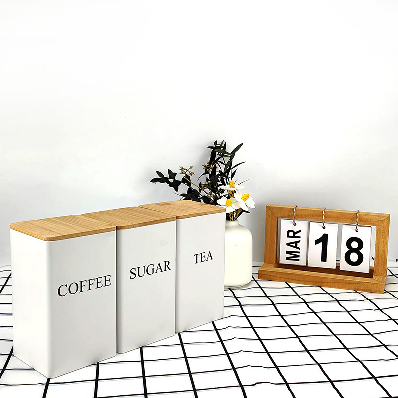 Moda simple lata de almacenamiento de hojalata cubierta de bambú lata de café té azúcar caja de almacenamiento de metal ins viento suministros de cocina