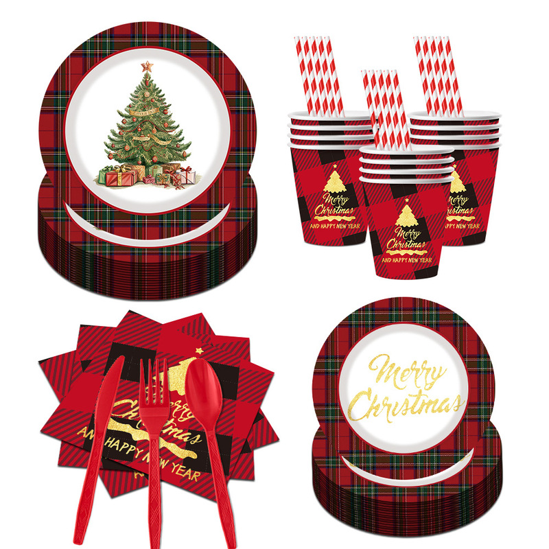 Cross-Border Christmas Party Paper Plate Tableware Set Printed Plaid Disposable Paper Cup Tissue Paper Plate Party Supplies Cross-Border Christmas Party Paper Plate Tableware Set Printed Plaid Disposable Paper Cup Tissue Paper Plate Party Supplies