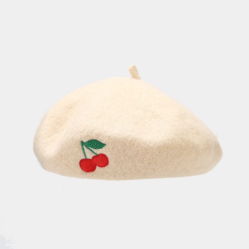 112g Weight Beret Hat Hats Type Daily Occasion Artificial Wool Material Cherry Pattern Autumn&Winter Season Women's Gender Embroidery Design Cute, Sweet Style Eaveless Rim Women's Cute Sweet Cherry Embroidery Eaveless Beret Hat 7